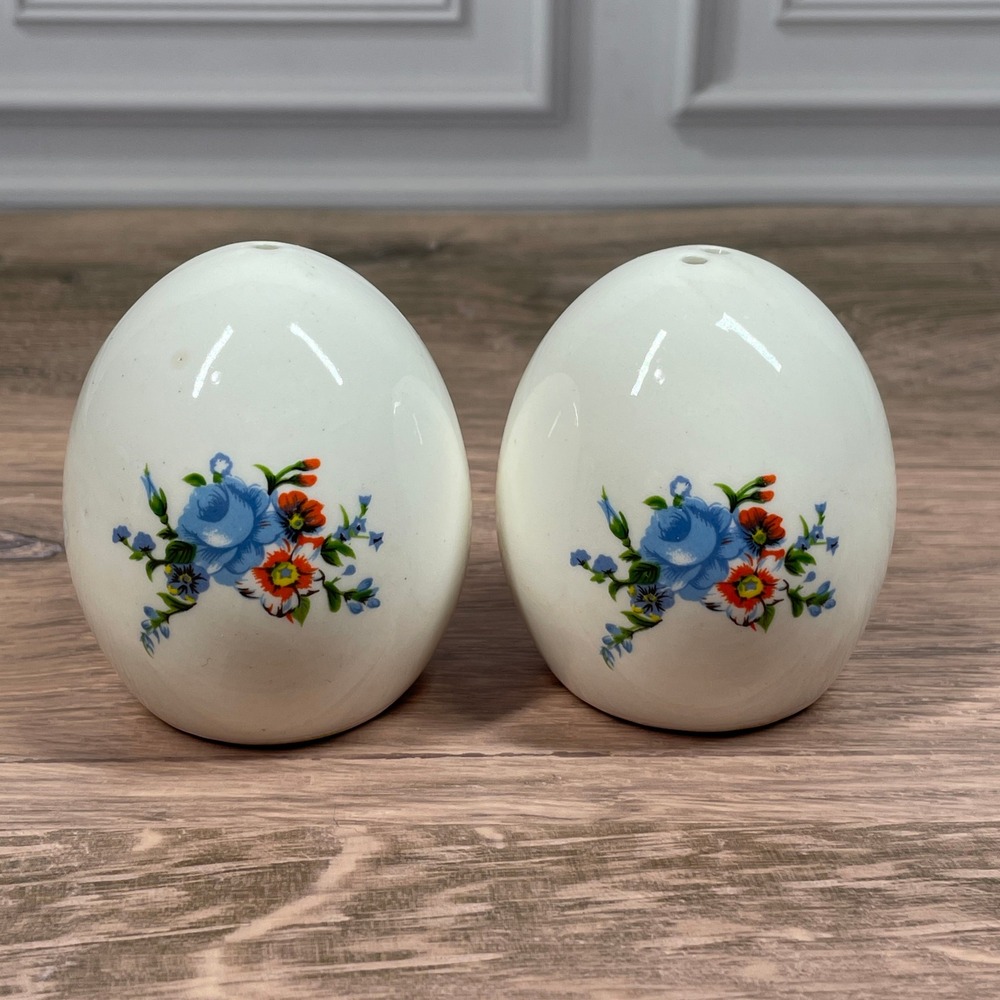 Vintage Egg Shaped Salt and Pepper Shakers Floral Blue Orange White Ceramic Set